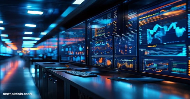 A cinematic photorealistic editorial photograph showing a modern institutional trading floor or financial data center, with m
