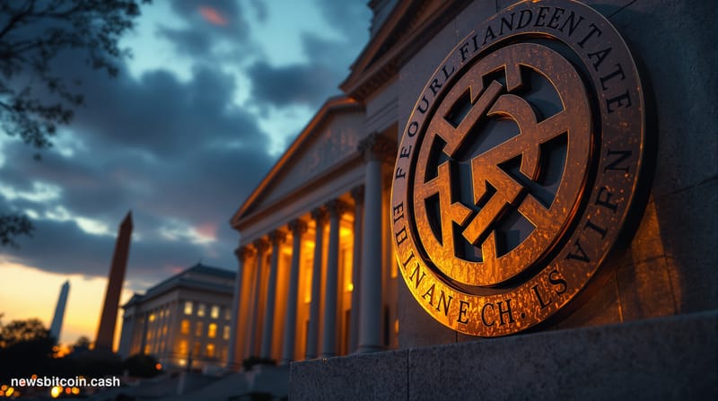 A cinematic photorealistic editorial photograph of the Commodity Futures Trading Commission (CFTC) headquarters in Washington