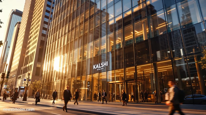 A cinematic photorealistic editorial photograph showing the exterior of a modern financial technology building in lower Manha