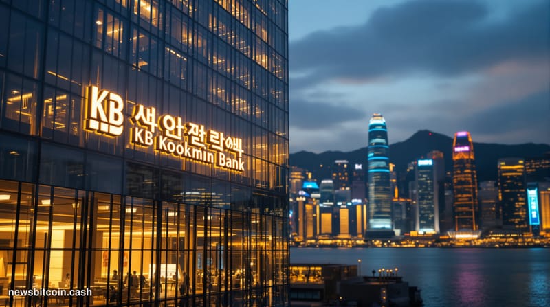 A cinematic photorealistic editorial photograph capturing the convergence of traditional banking and blockchain technology in