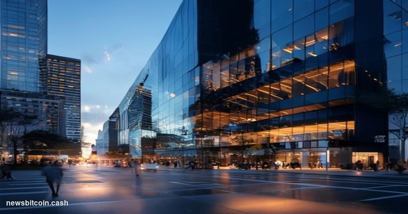 A cinematic photorealistic editorial photograph of Kraken's San Francisco headquarters exterior at dusk, showing the modern g