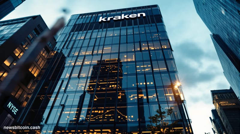 A cinematic photorealistic editorial photograph showing Kraken's distinctive San Francisco headquarters building in SOMA dist