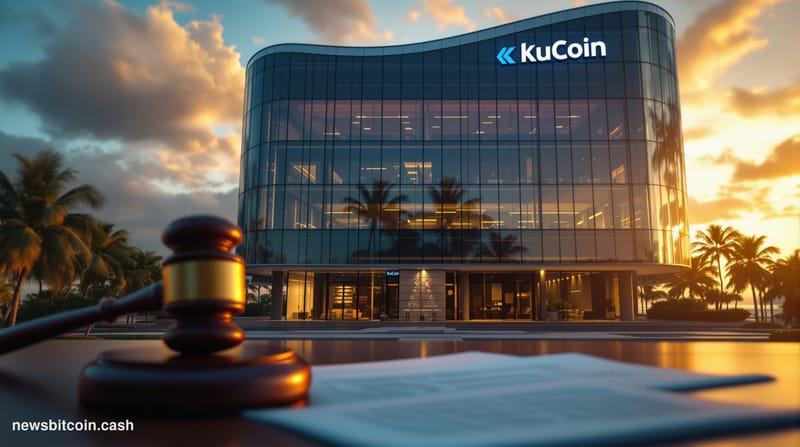 A cinematic photorealistic editorial photograph of the KuCoin exchange headquarters building in Seychelles, shot from a low a