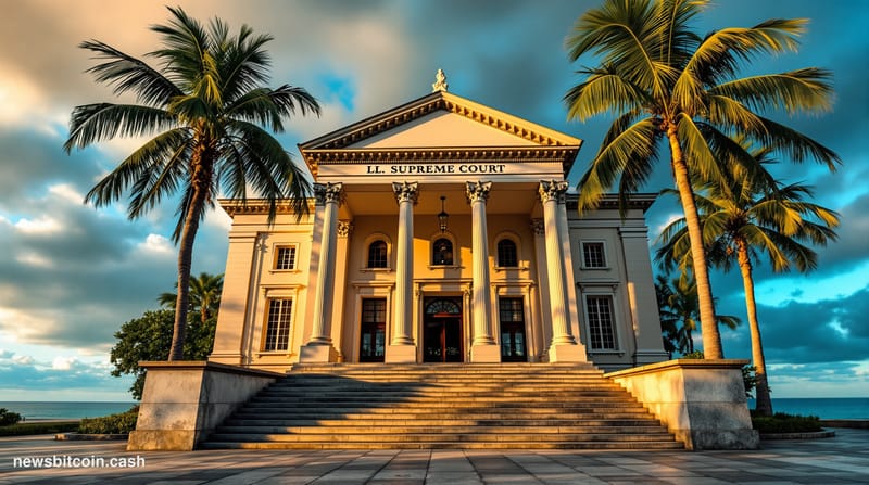 A dramatic photorealistic editorial photograph showing the imposing neoclassical facade of the Seychelles Supreme Court build