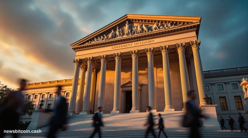 A cinematic photorealistic editorial photograph of the Federal Reserve building in Washington DC during golden hour, shot fro