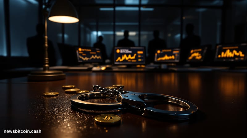 A cinematic photorealistic editorial photograph showing a dramatic law enforcement scene with Bitcoin symbolism. The composit