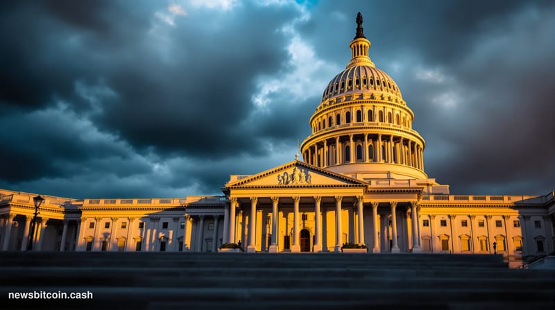 A cinematic photorealistic editorial photograph of the U.S. Capitol building's iconic dome and neoclassical architecture shot