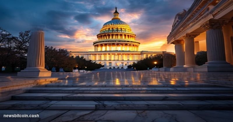 A cinematic photorealistic editorial photograph of the U.S. Capitol building in Washington D.C. during golden hour, shot from