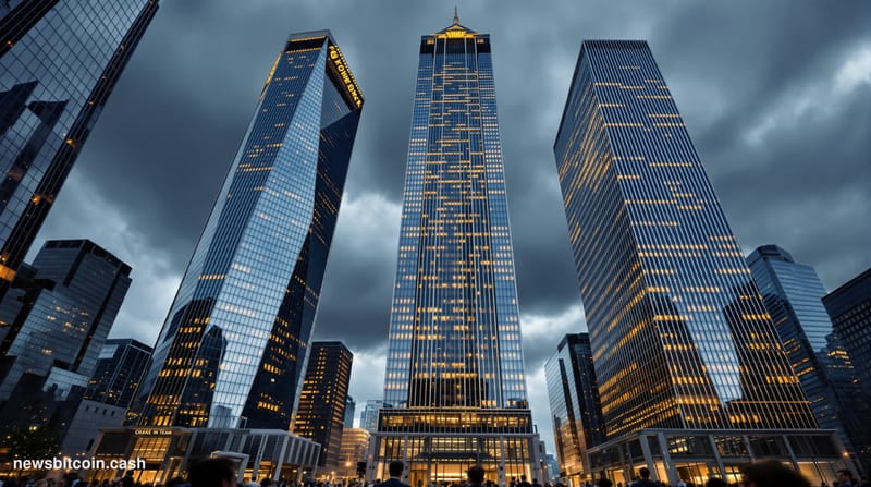 A cinematic photorealistic editorial photograph showing the imposing glass and steel facades of three major banking headquart