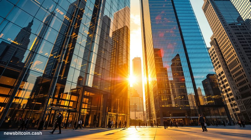 A cinematic photorealistic editorial photograph showing the iconic glass towers of major American banking headquarters in Man