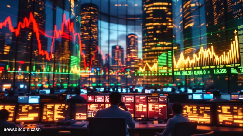 A dramatic photorealistic editorial photograph capturing the tension of Bitcoin's price decline. The scene shows a large digi