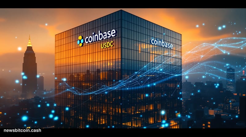 Cinematic photorealistic editorial photograph of Coinbase's modern San Francisco headquarters building exterior during golden