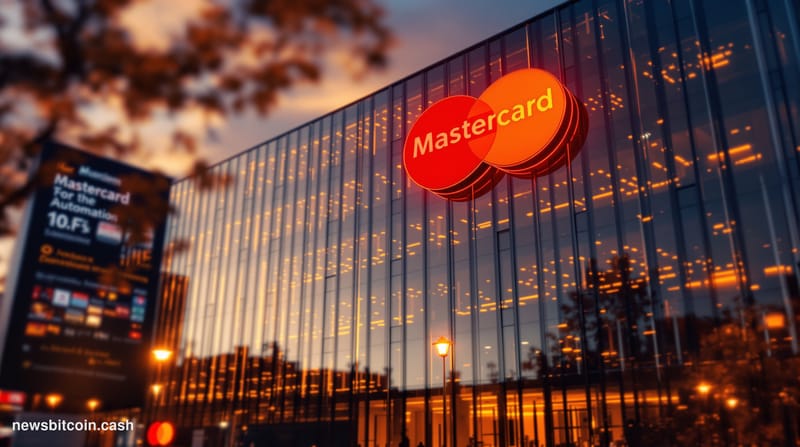 A cinematic photorealistic editorial photograph of Mastercard's corporate headquarters in Purchase, New York, shot from a low