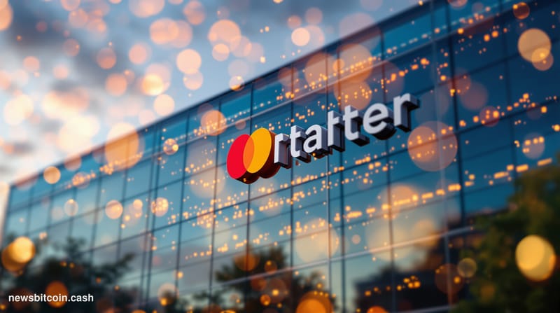 A cinematic photorealistic editorial photograph of Mastercard's corporate headquarters in Purchase, New York, shot from a low