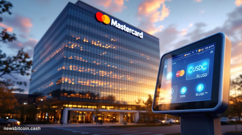A cinematic photorealistic editorial photograph of Mastercard's global headquarters in Purchase, New York, shot during golden