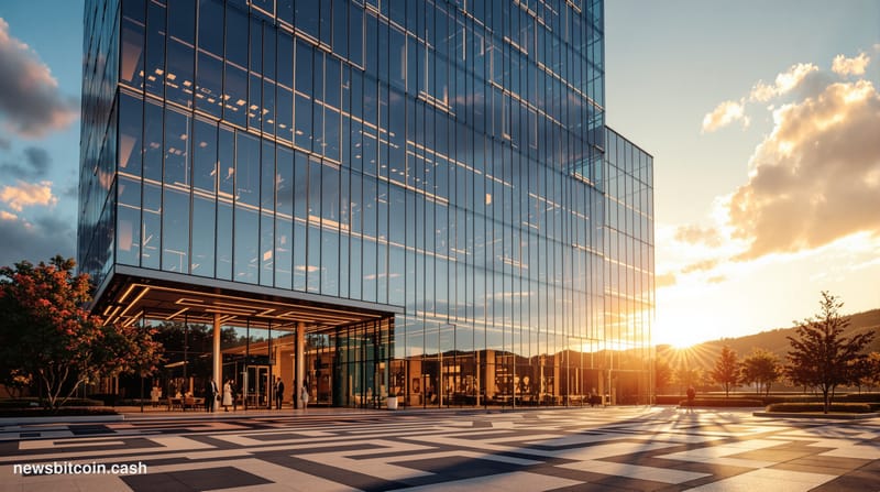 A cinematic photorealistic editorial photograph showing Mastercard's distinctive headquarters building in Purchase, New York,