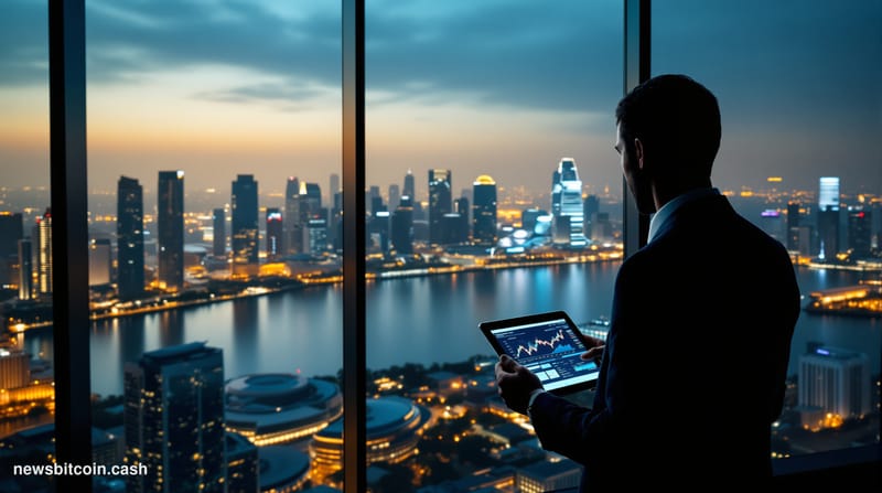 A cinematic photorealistic editorial photograph showing the stark contrast between Singapore's gleaming financial district an