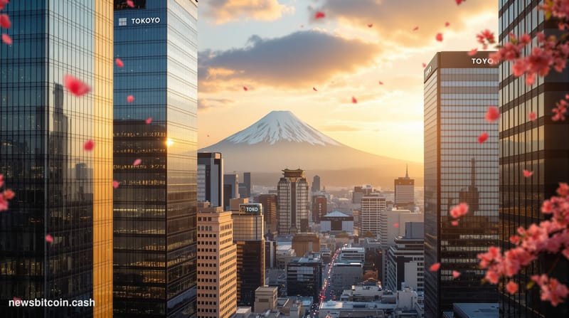 A cinematic photorealistic editorial photograph of Tokyo's financial district at golden hour, showing the gleaming glass towe