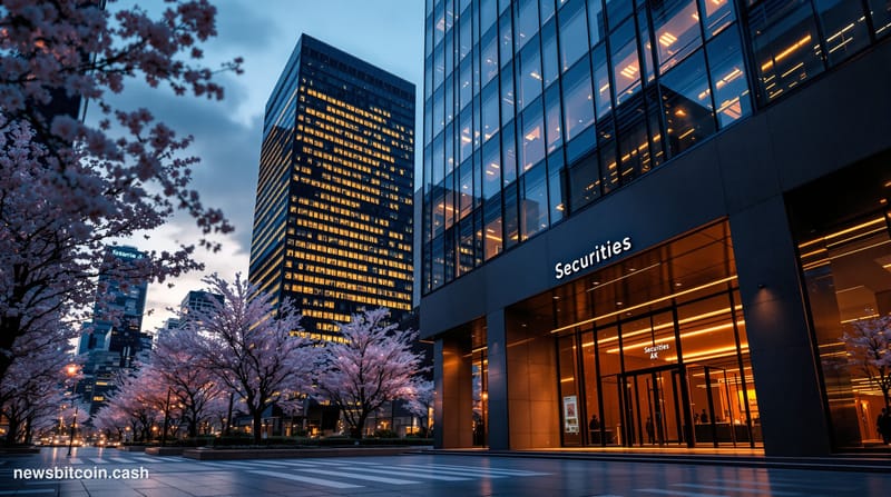 A cinematic photorealistic editorial photograph capturing Tokyo's modern financial district at dusk, featuring glass skyscrap