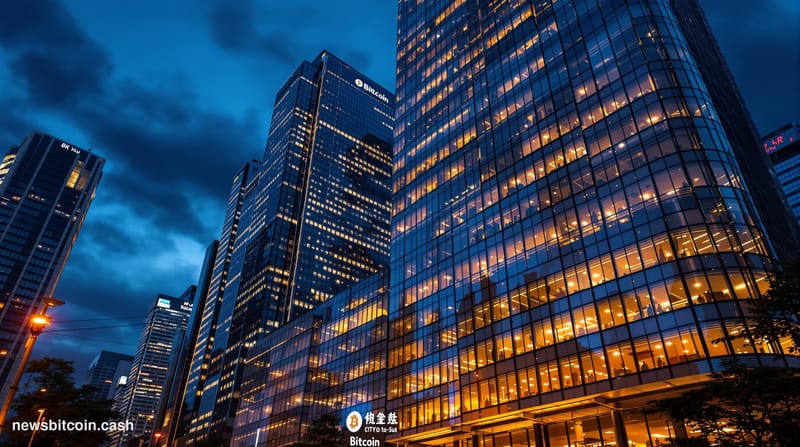 A cinematic photorealistic editorial photograph showing the modern Tokyo financial district at dusk, with sleek glass skyscra