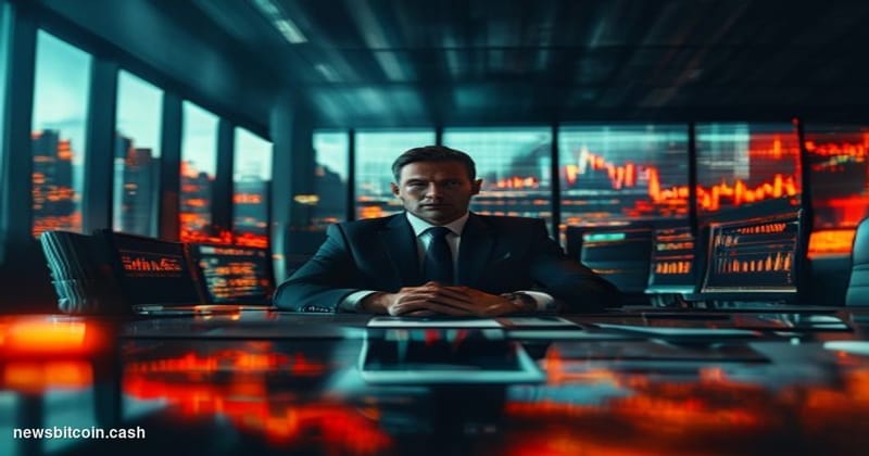 A cinematic photorealistic editorial photograph of Michael Saylor in a modern corporate boardroom setting, shot from a low an