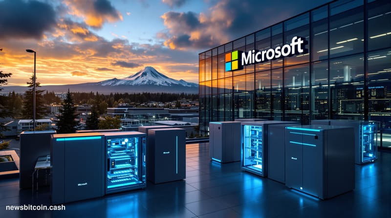 A cinematic photorealistic editorial photograph showing Microsoft's Redmond campus headquarters in Washington State, featurin