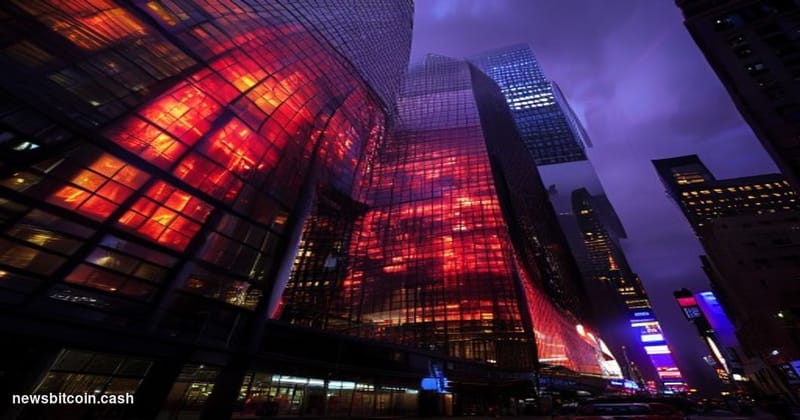 A cinematic photorealistic editorial photograph of the NASDAQ MarketSite building in Times Square at dusk, with the iconic cu