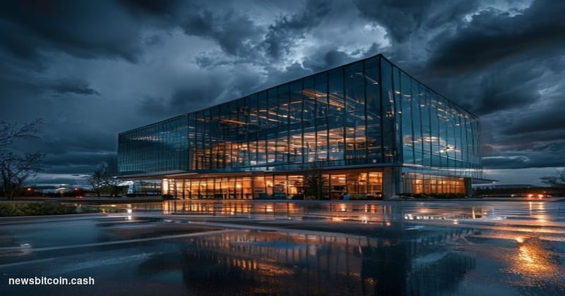 A cinematic photorealistic editorial photograph of MicroStrategy's corporate headquarters in Tysons Corner, Virginia, capture