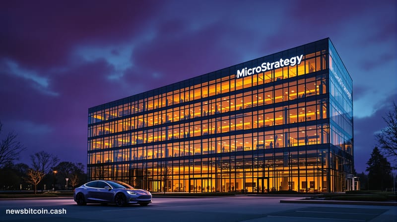 A cinematic photorealistic editorial photograph of MicroStrategy's Tysons Corner, Virginia headquarters building at dusk, wit