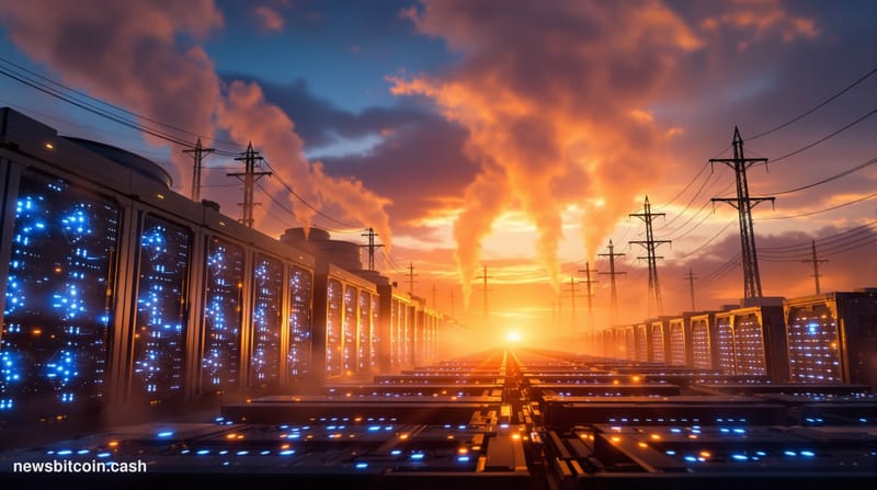 A cinematic photorealistic editorial photograph of a massive Bitcoin mining facility at dusk, shot from a low angle to emphas