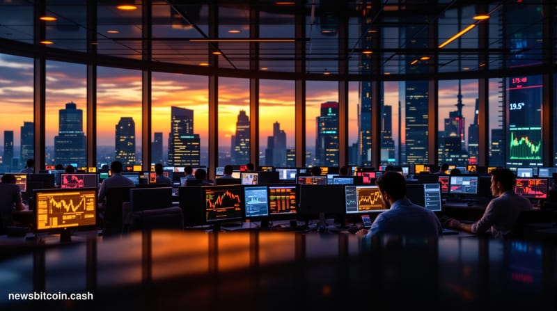 A cinematic photorealistic editorial photograph capturing geopolitical tension's impact on global markets. The scene shows a 