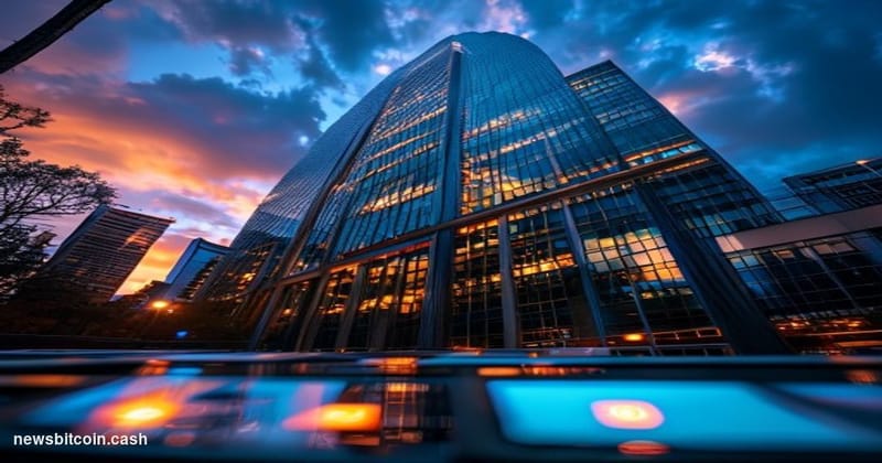 Cinematic photorealistic editorial photograph of MoneyGram's corporate headquarters in Dallas, Texas, shot from a low angle t