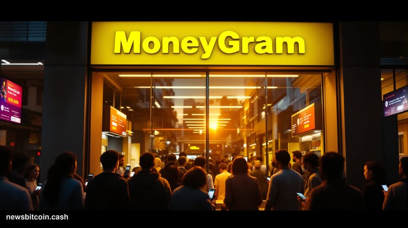 A cinematic photorealistic editorial photograph showing a MoneyGram storefront in an emerging market setting, with warm golde