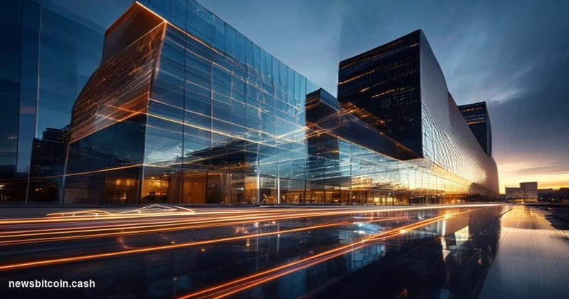 A cinematic photorealistic editorial photograph showcasing MoneyGram's corporate headquarters in Dallas, Texas, captured from