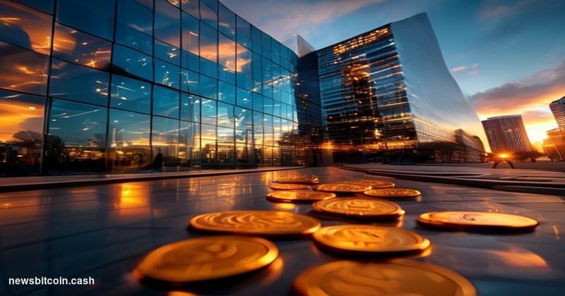 Cinematic photorealistic editorial photograph of MoneyGram's corporate headquarters in Dallas, Texas, captured during golden 