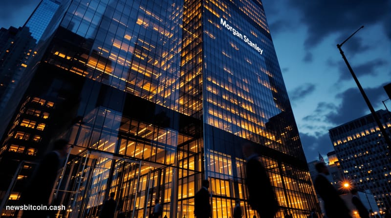 A cinematic photorealistic editorial photograph of Morgan Stanley's imposing headquarters in Manhattan's Financial District, 