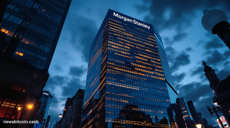 A cinematic photorealistic editorial photograph of Morgan Stanley's iconic headquarters at 1585 Broadway in Times Square, New