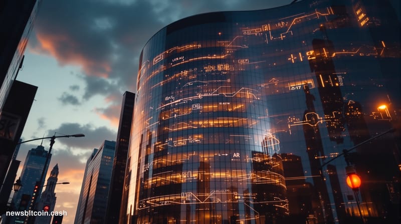 A cinematic photorealistic editorial photograph showcasing the intersection of traditional Wall Street finance and cryptocurr