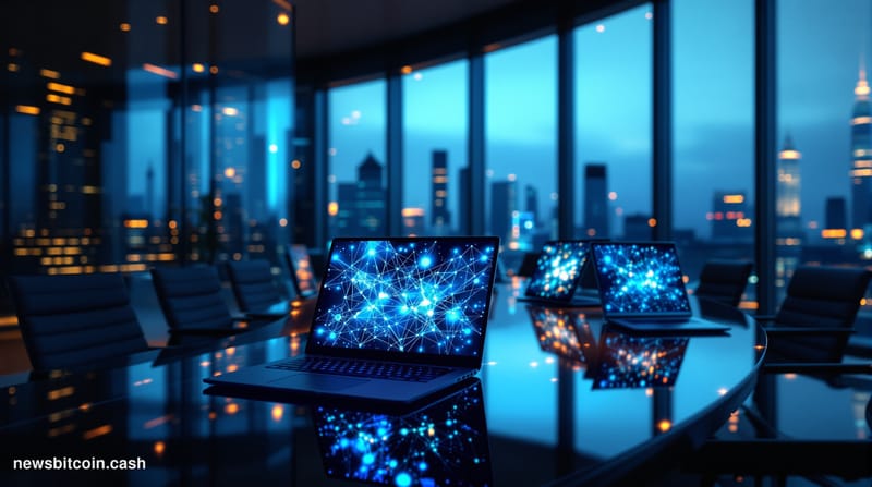 A cinematic photorealistic editorial photograph showcasing the convergence of traditional banking and DeFi technology. The sc