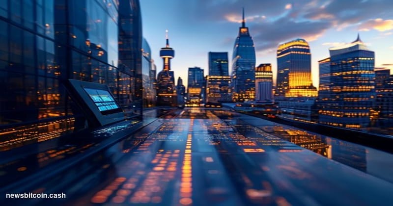 A cinematic photorealistic editorial photograph showing a modern financial district spanning three continents, with the camer