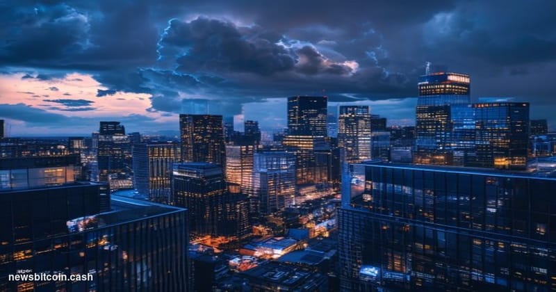 A cinematic photorealistic editorial photograph showing the Tokyo skyline at dusk with dramatic storm clouds gathering overhe