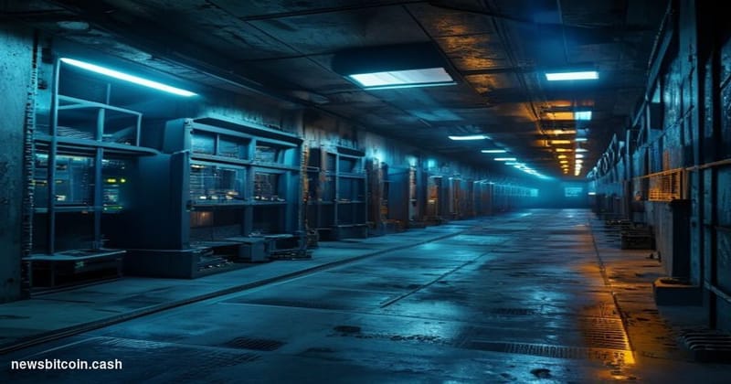 Cinematic photorealistic editorial photograph of a massive underground vault facility with industrial concrete walls and rein