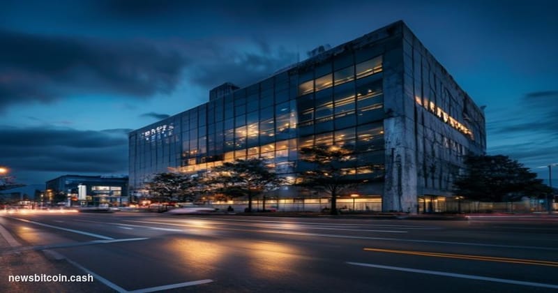 A cinematic photorealistic editorial photograph of Mt. Gox's former Tokyo headquarters building at dusk, shot from a low angl