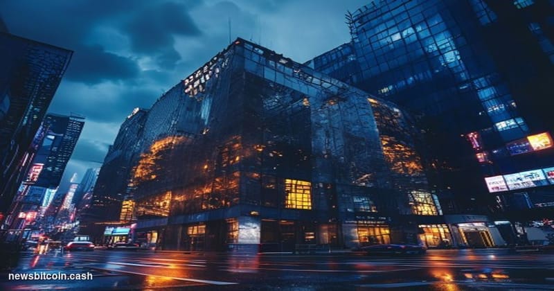 A cinematic photorealistic editorial photograph showing the abandoned Mt. Gox exchange headquarters building in Tokyo's Shibu