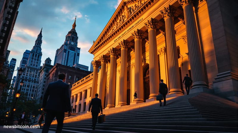 A cinematic photorealistic editorial photograph showing the imposing neoclassical facade of the New York County Supreme Court