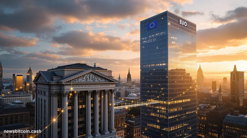 A cinematic photorealistic editorial photograph showing the iconic New York State Department of Financial Services headquarte