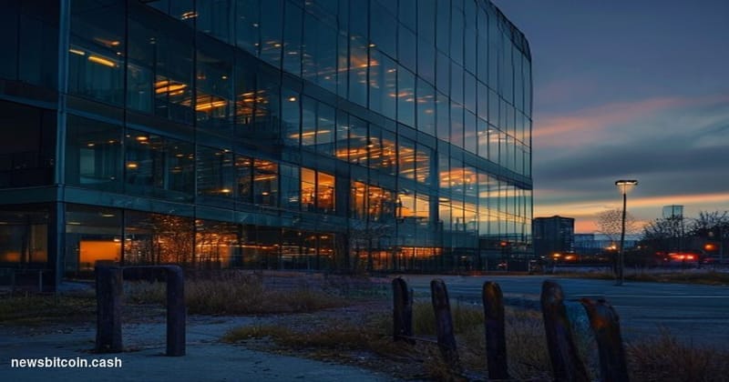 A photorealistic editorial photograph of a abandoned modern glass office building at dusk, with most windows dark and only a 