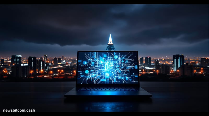 A cinematic photorealistic editorial photograph showing a dramatic nighttime view of Pyongyang's distinctive skyline with the