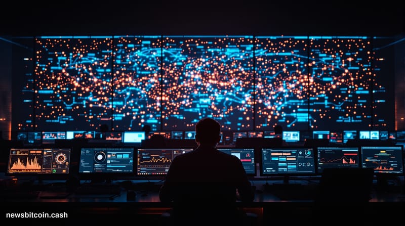 Cinematic photorealistic editorial photograph showing a darkened cybersecurity operations center with multiple monitors displ