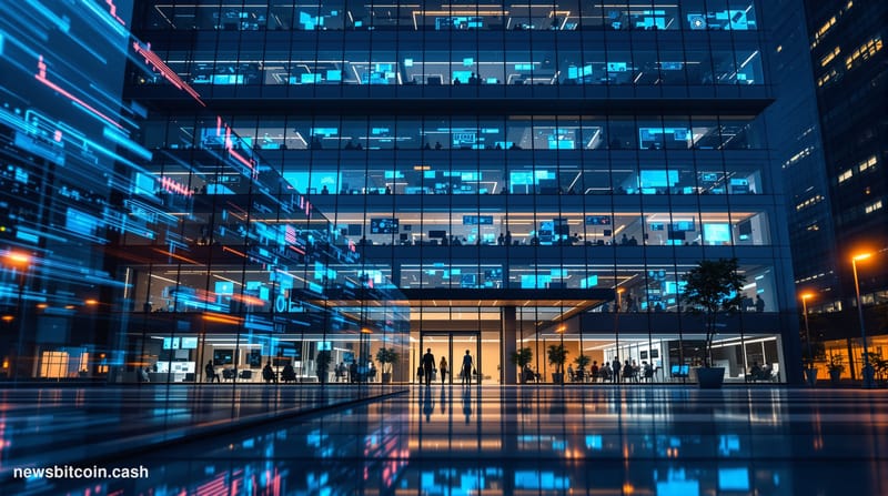A cinematic photorealistic editorial photograph showing the exterior of a modern blockchain security firm's office building a